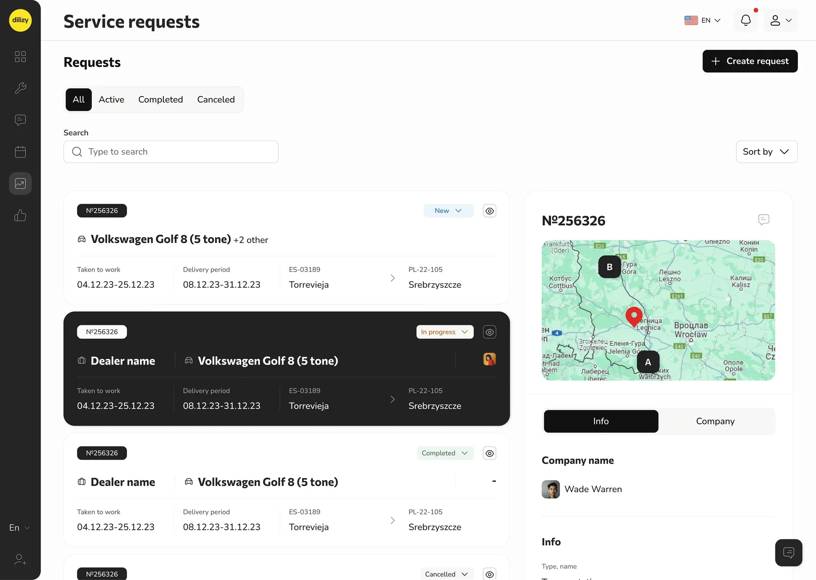 Dilizy Transportation — bids and delivery tracking dashboard