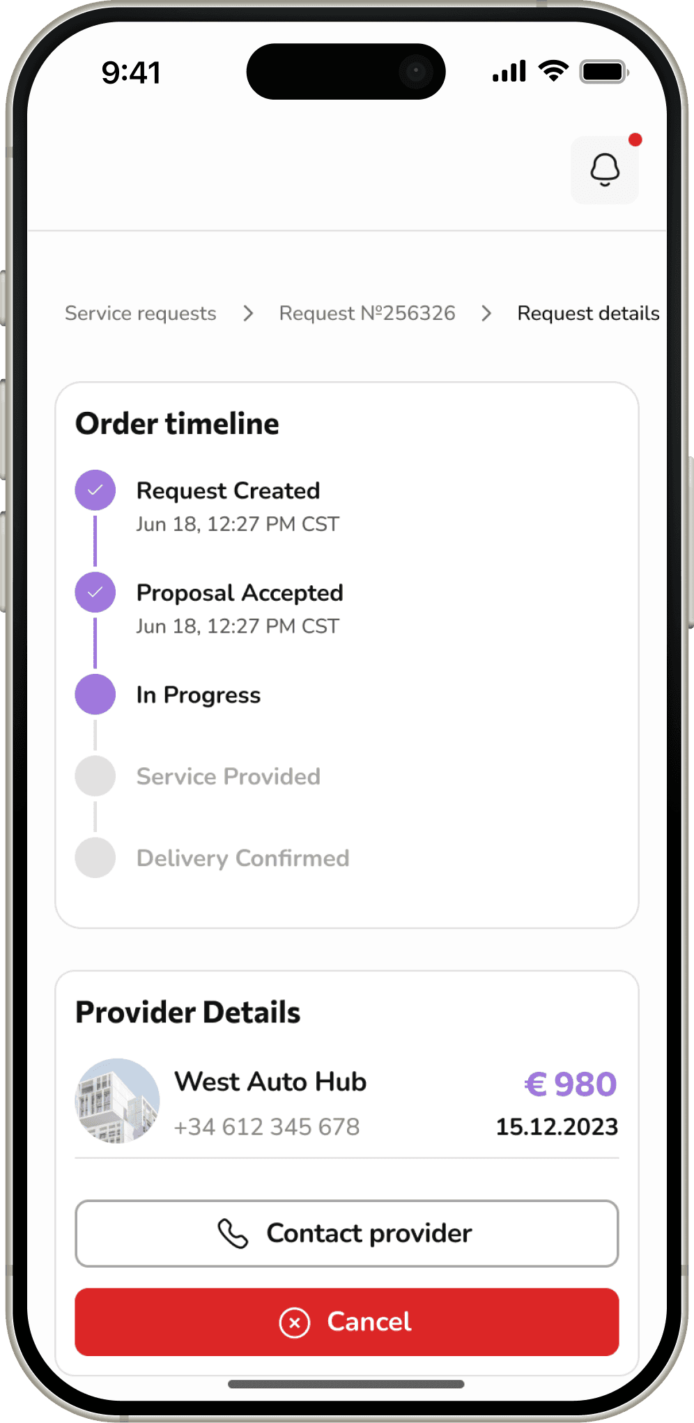 Order timeline on mobile
